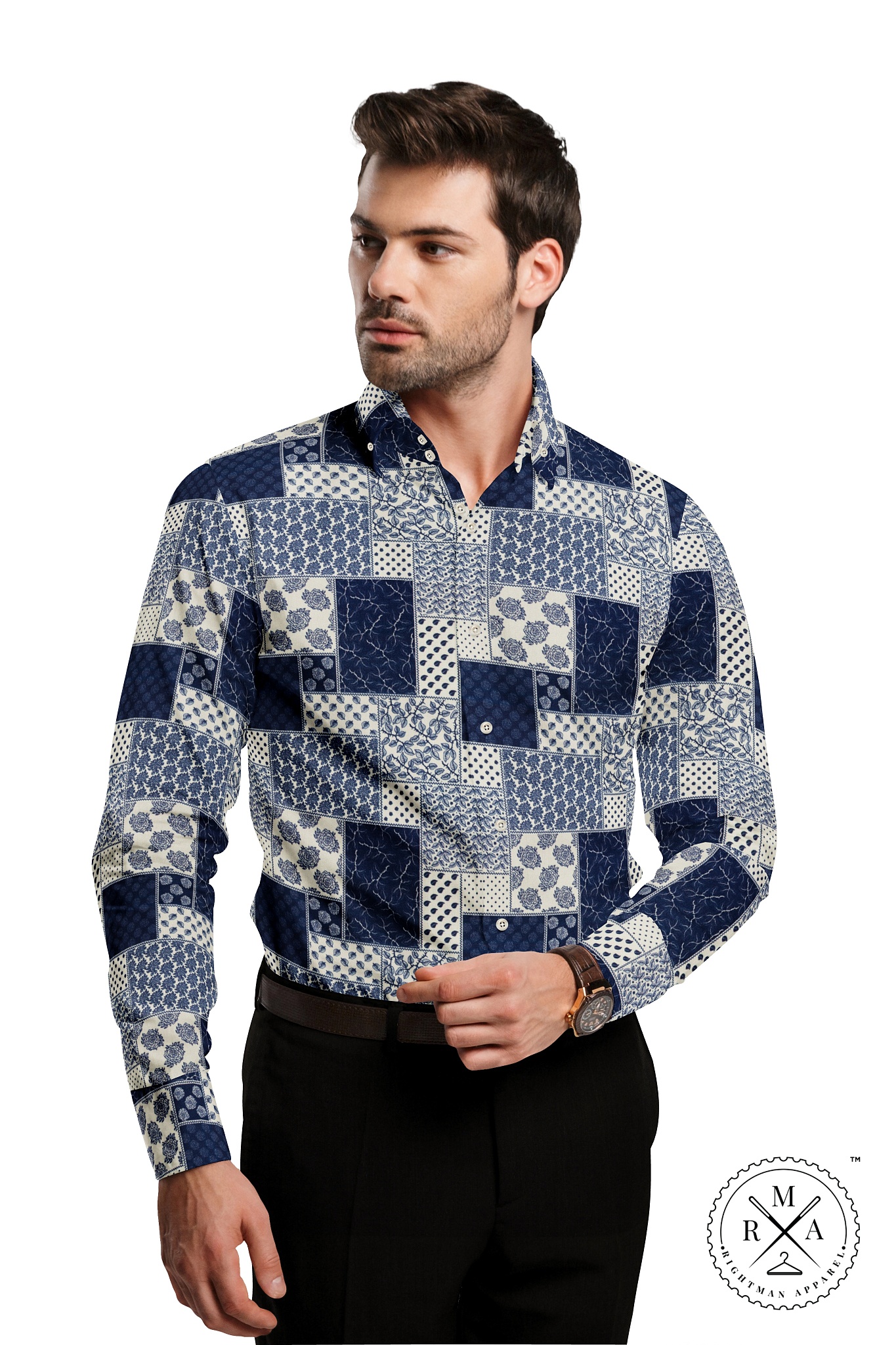 Taupe Cream with Blue Accents Cotton Shirt SH244